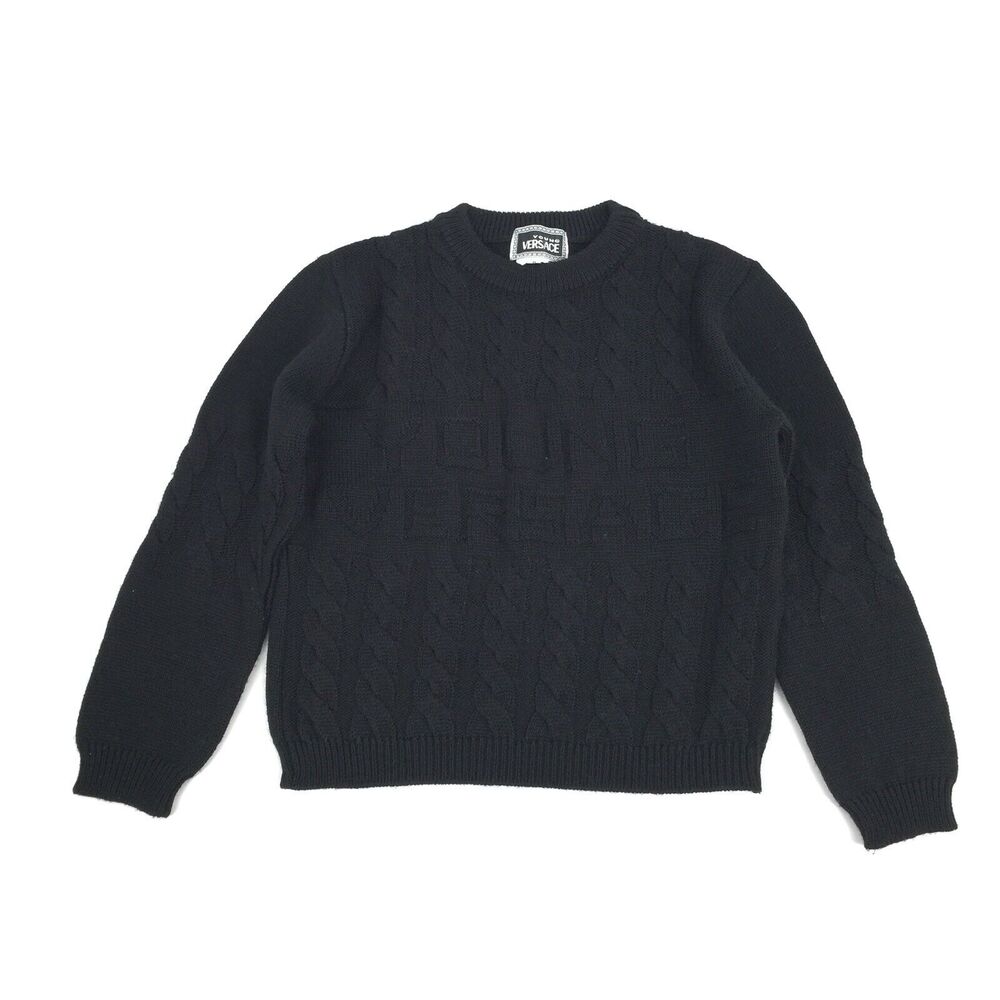 $448 Authentic Young Versace Knit Pullover Logo Sweater 6 Kids Black Crewneck